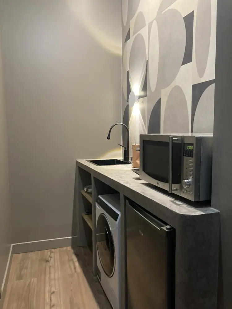 Kitchenette avec évier, micro-ondes et lave-linge